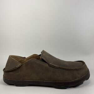 Olukai Moloa Slip On Loafers Mens Size 10 Leather Brown Beach Hawaiian